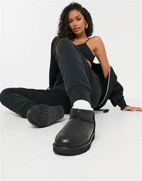 ugg classic ultra mini ankle boots  black leather asos