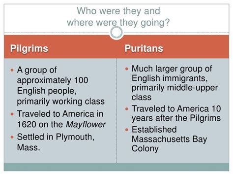 pilgrims  puritans chart