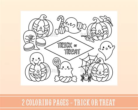 happy halloween coloring pages set   cute kawaii etsy