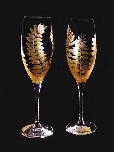 2 Crystal Wedding Champagne Flutes With Elegant Gold Ferns Etsy