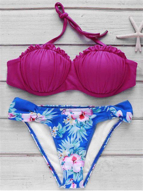 2018 Tiny Floral Print Color Block Bikini Set In Purple Red S Zaful