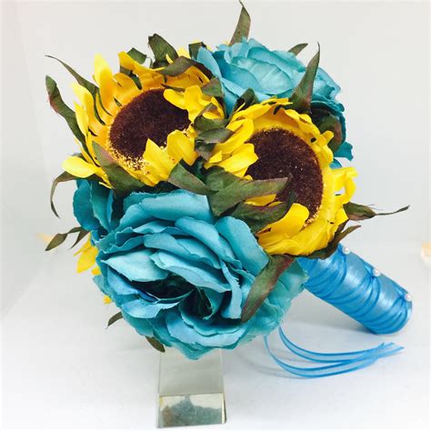 real touch sunflower and turquoise rose wedding bouquet
