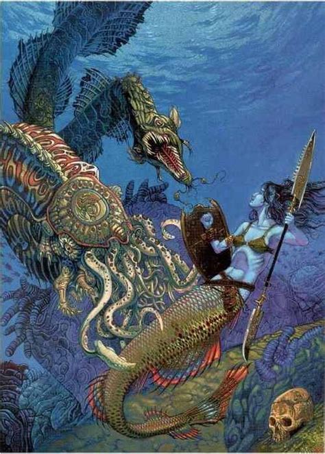 Mermaid Warrior Fighting A Sea Dragon Style Merfolk And Sirens
