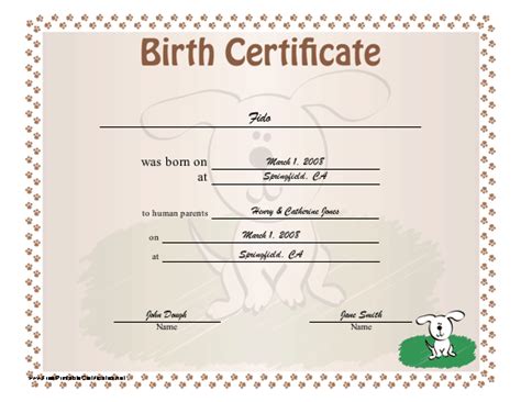 birth certificate  puppies printable certificate birth certificate