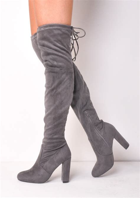 thigh high over the knee tie back faux suede heeled boots light grey