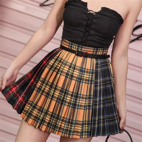 cute checkered mini skirt summer vintage plaid pleated skirt kawaii