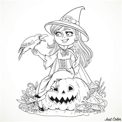 halloween smiling witch  crow  azuzl halloween adult coloring pages