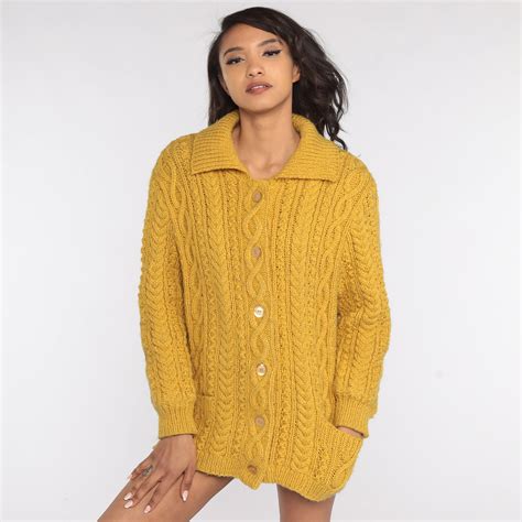 Wool Cable Knit Sweater Mustard Cardigan Sweater 70s Boho Yellow