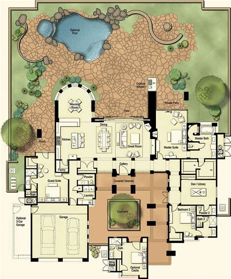 smaller  courtyard facing  pool floor plans dream house plans