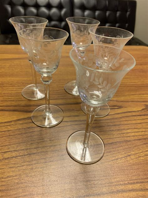 Vintage Set Of 5 Etched Flowers Crystal 2 Oz Fluted Sherry Glasses Esale