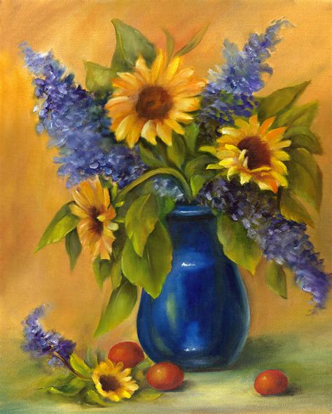 sunflower  blue vase painting  sharron white