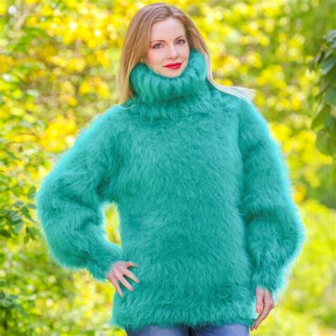 Fuzzy Green Mohair Sweater Turtleneck Soft Hand Knitted Fluffy Jumper