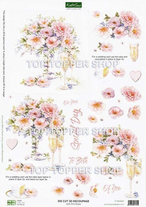 Soft Pink Roses A4 Die Cut Decoupage Sheet Katy Sue Designs
