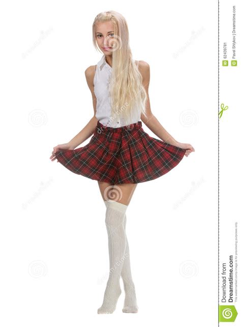 Stylish Fashionable Blonde Woman In White Shirt And Plaid