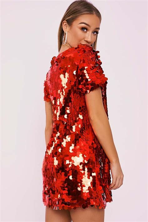 Red Sequin T Shirt Dress In The Style