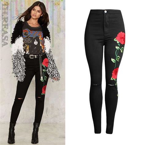 2019 3d rose embroidered black ripped jeans women high waist ladies skinny jean slim femme plus