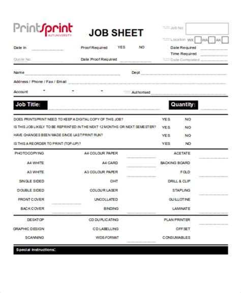 job sheet templates  samples examples format