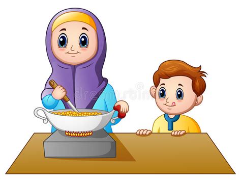 happy muslim mom cooking with her son stock vector illustration of adorable celebration 93469095