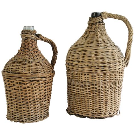 Pair Of Antique French Wicker Wrapped Glass Wine Jug Demi