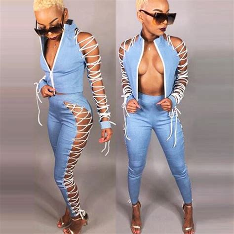 Sexy Lace Up Irregular Jumpsuit Two Piece Women Hollow Out Nighclub
