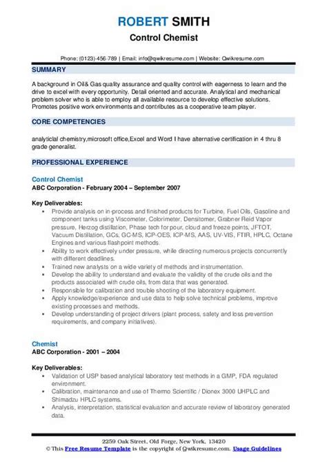 chemist resume samples qwikresume