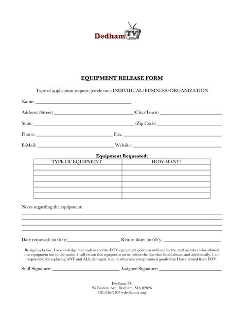 printable equipment release form template printable forms