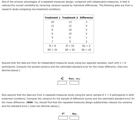 solved  repeated measures design removes variance caused cheggcom