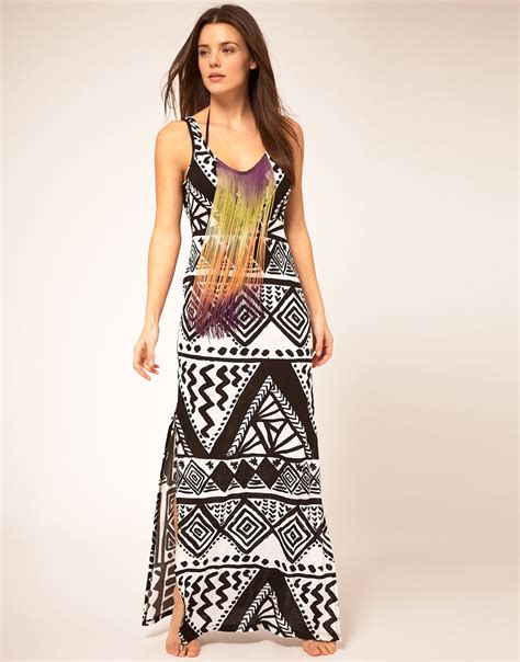 Lyst River Island Fringe Front Aztec Print Maxi Dress In Black