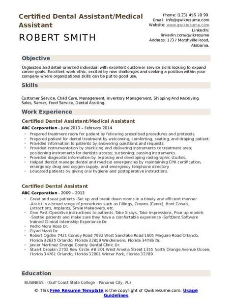 certified dental assistant resume samples qwikresume