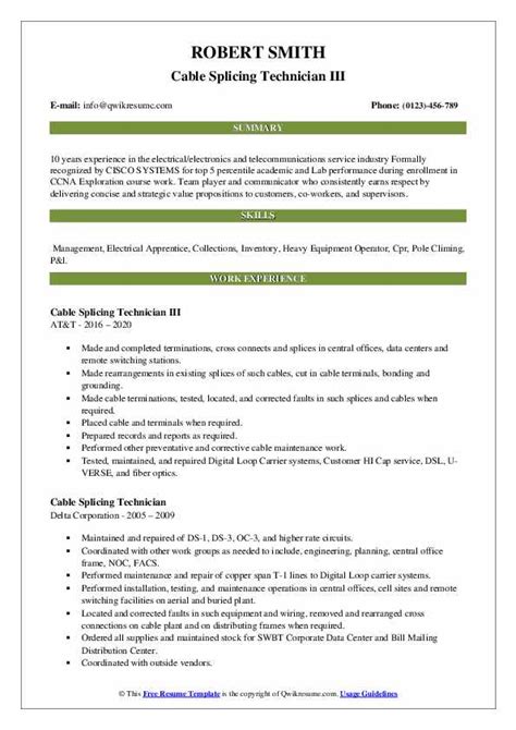 cable splicing technician resume samples qwikresume