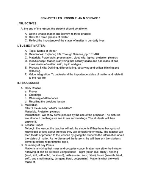 semi detailed lesson plan semi detailed lesson plan  science   objectives
