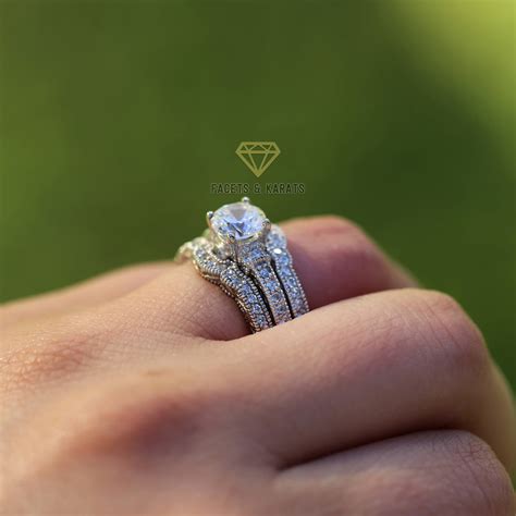 Vintage Style Engagement Ring Set Double Band Wedding Bridal Etsy