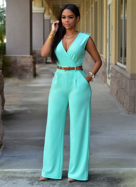 Itcquality Deep V Womens Rompers Jumpsuits Sleeveless Elegant With Belt