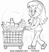 Shopping Cart Pushing Cartoon Groceries Clipart Woman Happy Illustration Grocery Visekart Royalty Man Vector Bag Printable Poster Print Lineart Character sketch template