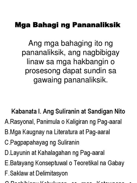 Mga Bahagi Ng Pananaliksik Sa Filipino Kabanata 1 Sa Pananaliksik