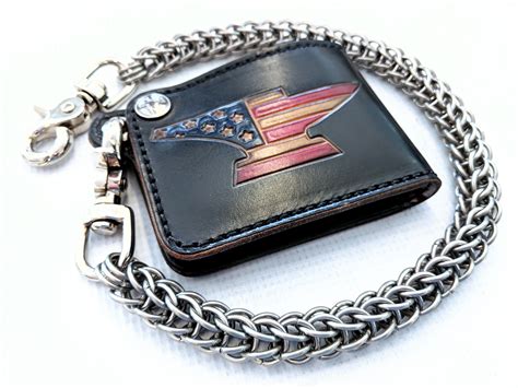 hand stained mini bifold leather chain wallet anvil american flag