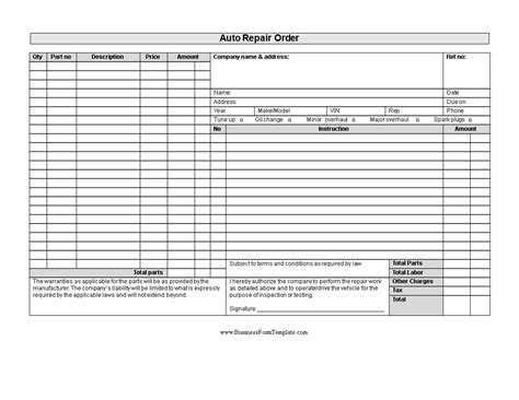 auto repair order templates certificate letter
