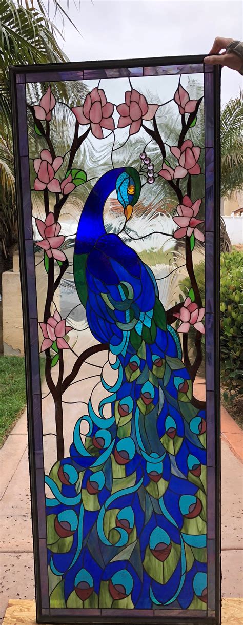 wow colorful peacock stained glass window panel stainedglasswindowscom
