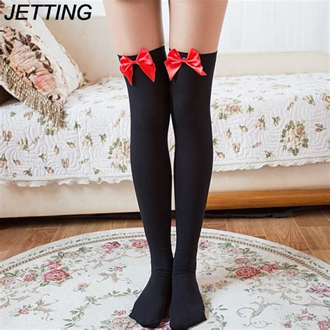 1 pair cosplay striped bow knee socks sexy stockings japanese printed