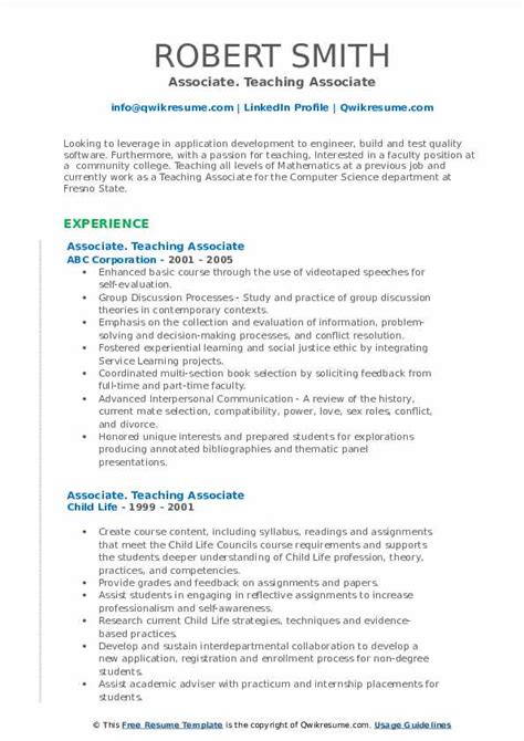 Teaching Associate Resume Samples Qwikresume