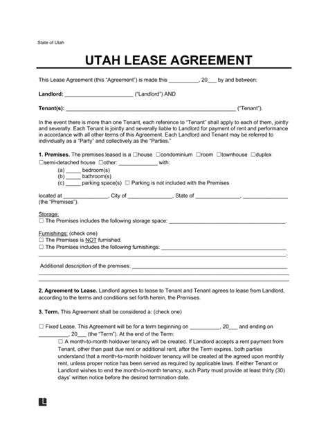 utah standard lease agreement template  word