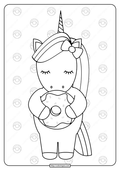 printable unicorn holding  donut coloring page
