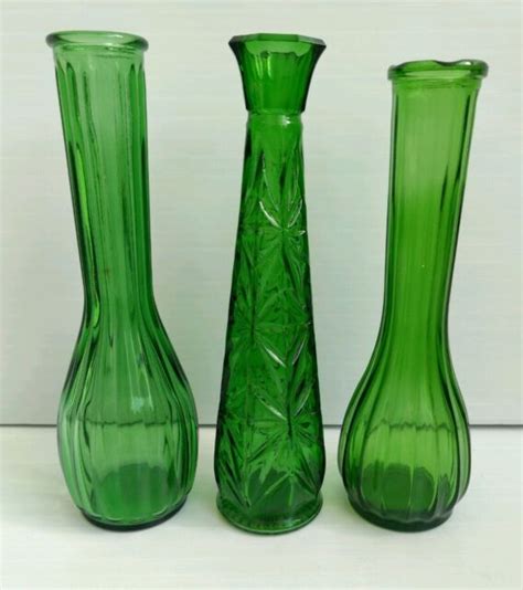 Vintage Green Stem Glass Vase Set Of 3 C F G And Unmarked Ebay