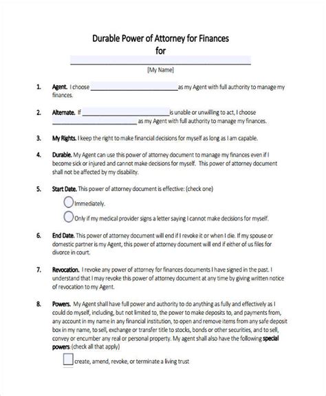 printable durable power  attorney form printable forms