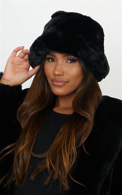 Premium Black Faux Fur Bucket Hat Prettylittlething Ksa