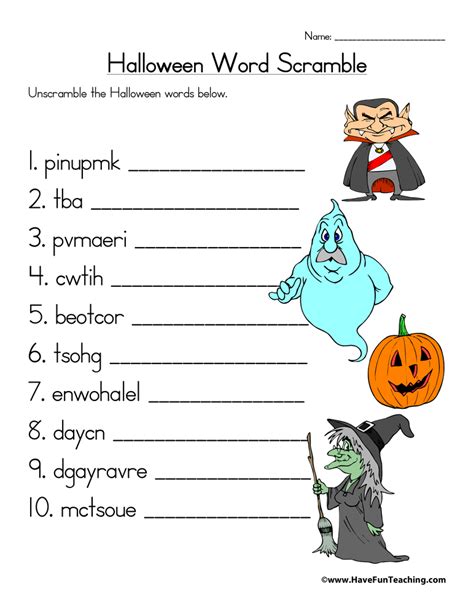 halloween word scramble worksheet  fun teaching