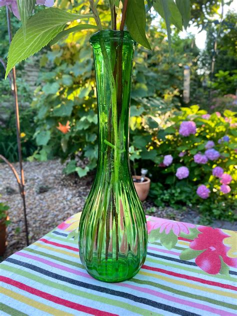 Vintage Green Glass Vase Flower Vase Green Vase Etsy