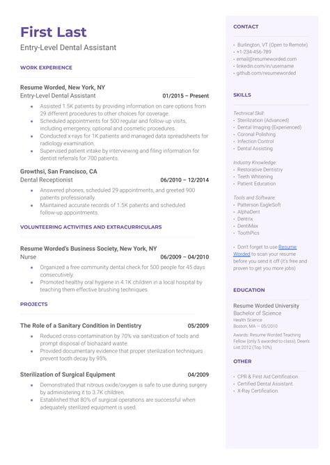 entry level dental assistant resume examples   resume worded