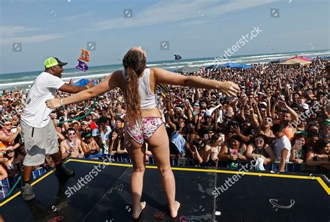 people participate wet tshirt contest on stage editorial stock