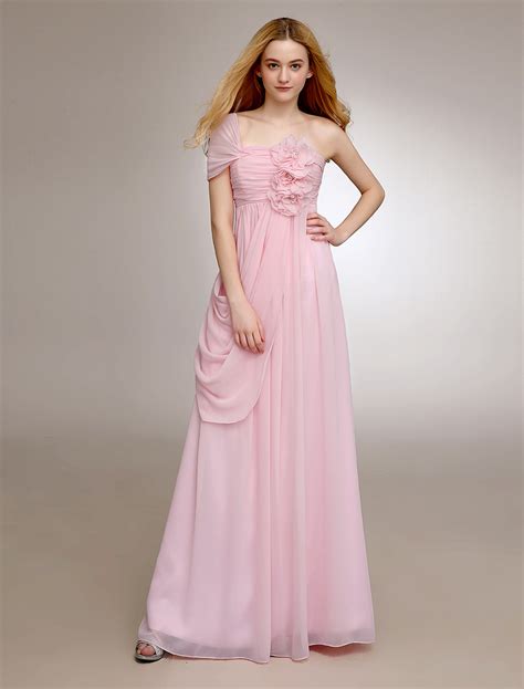 Pink One Shoulder Bridesmaid Dress With Pleated Chiffon